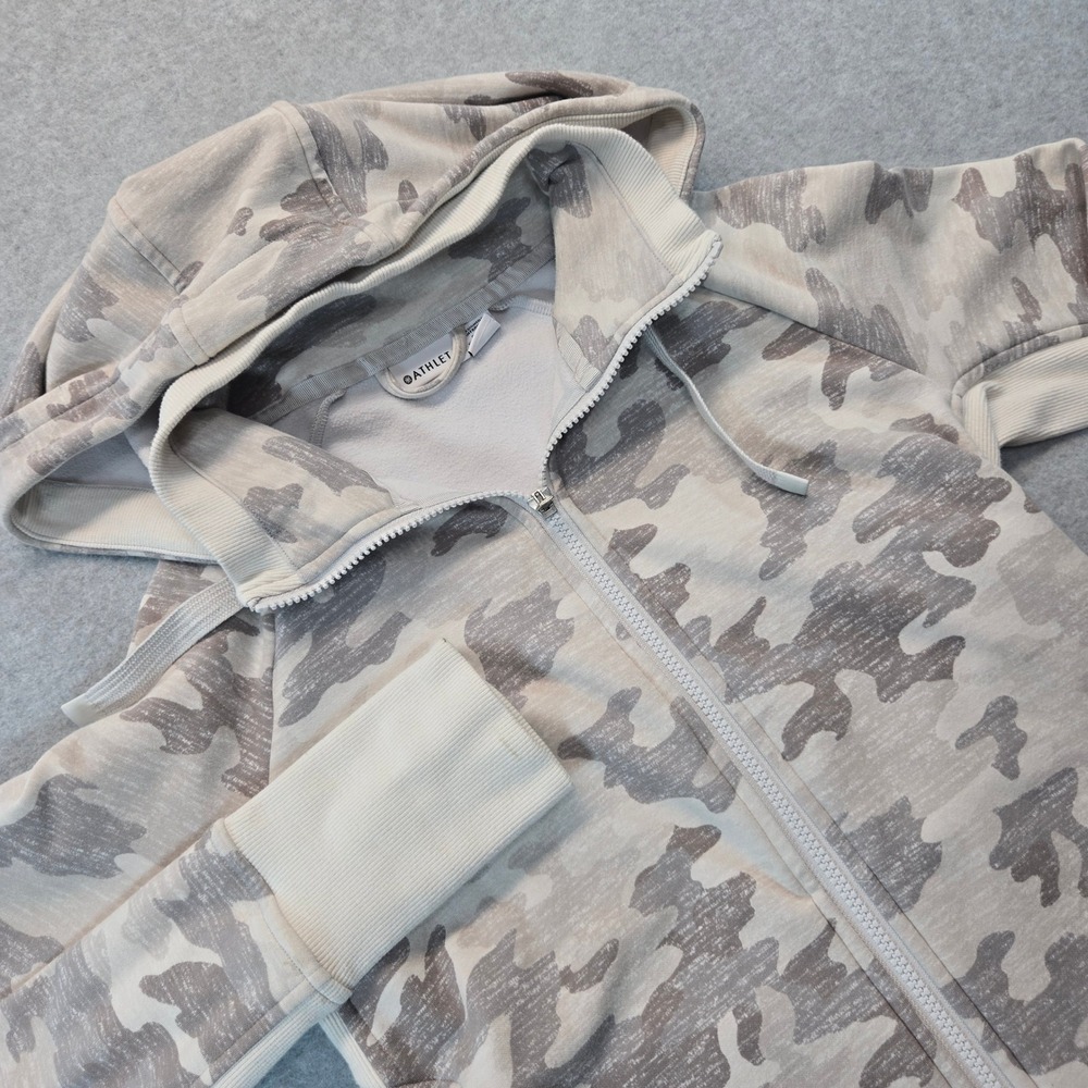 Athleta Triumph Printed Hoodie Camo Full Zip Sweatshirt Gray Beige Small